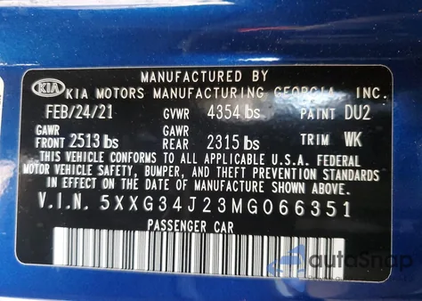 2021 Kia K5 Ex z USA, uszkodzony, nr VIN 5XXG34J23MG066351